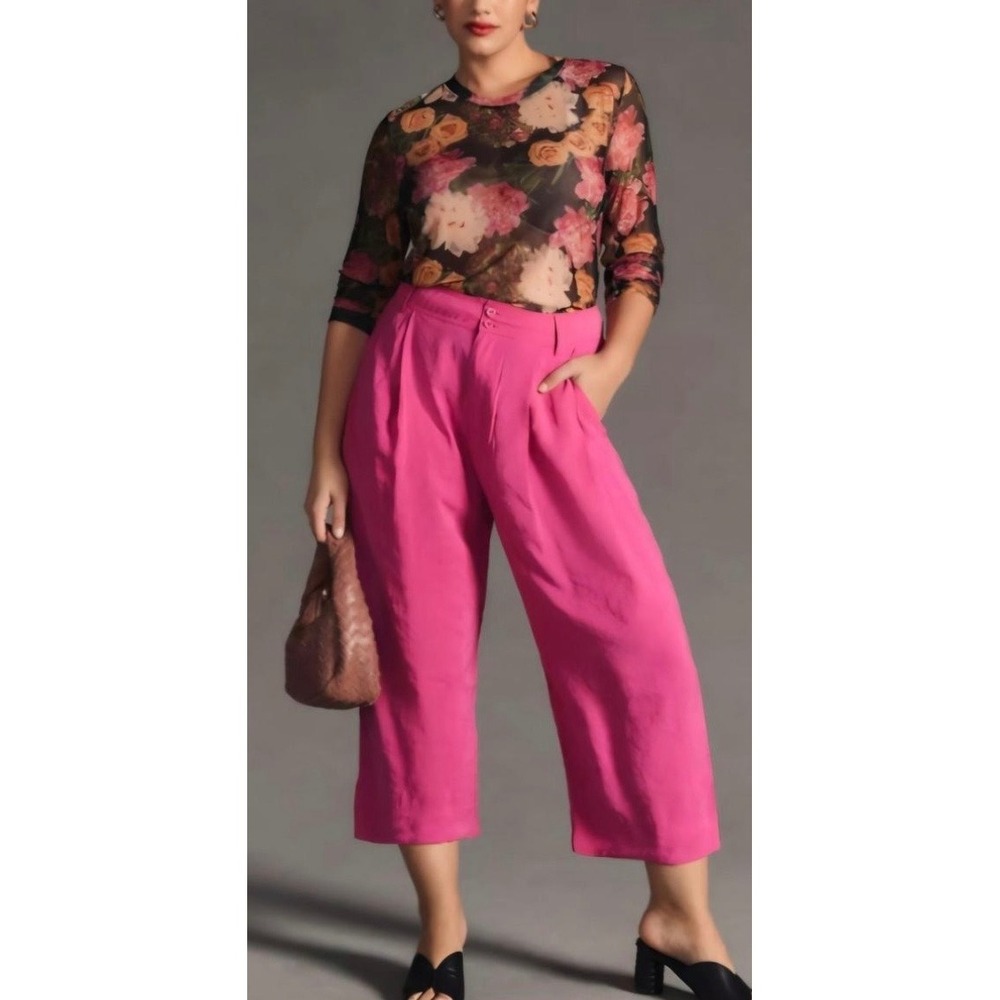Anthropologie Magenta Pink Pleated Wide Leg Cropped Pants Modal Blend Size 4